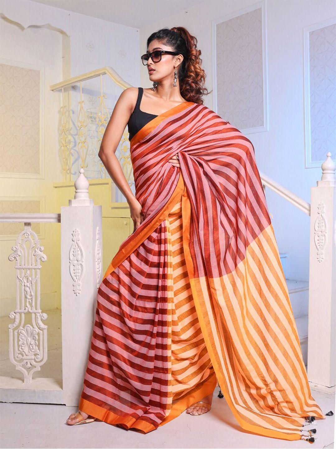 charukriti maroon & orange striped pure cotton saree