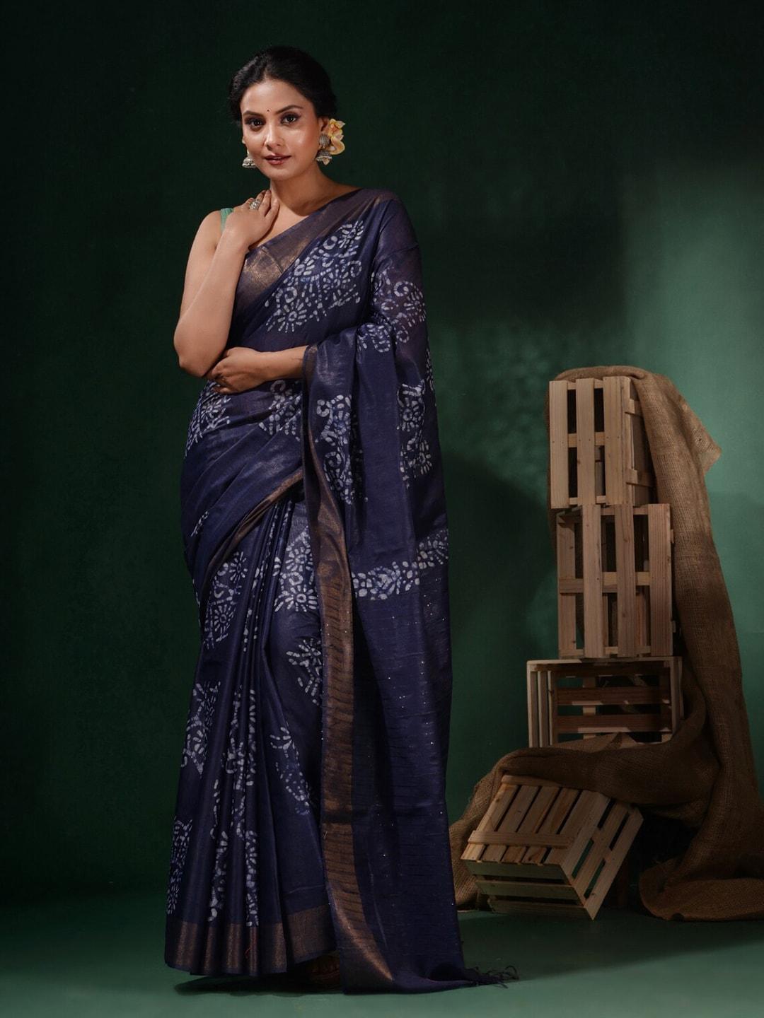 charukriti navy blue & white batik zari silk blend saree