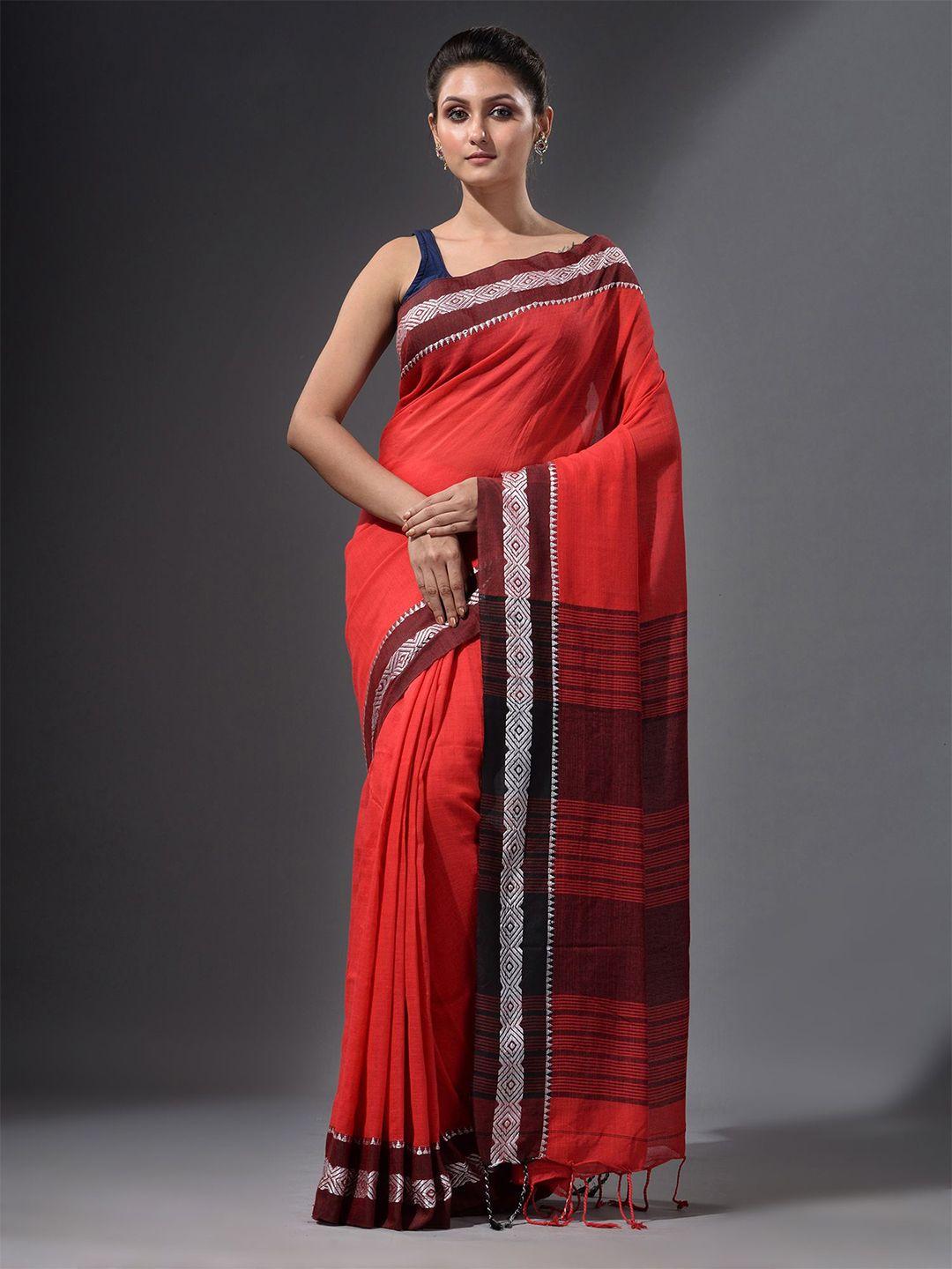 charukriti orange & silver-toned ethnic motifs pure cotton saree