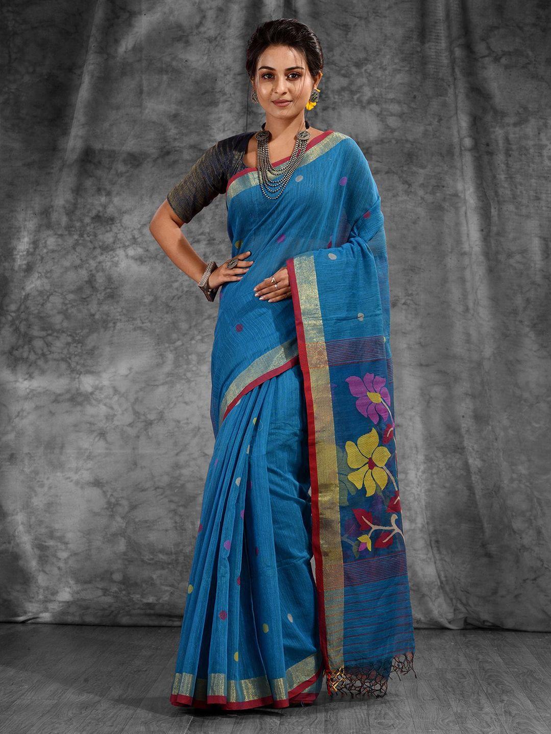 charukriti teal & yellow woven design zari pure silk saree