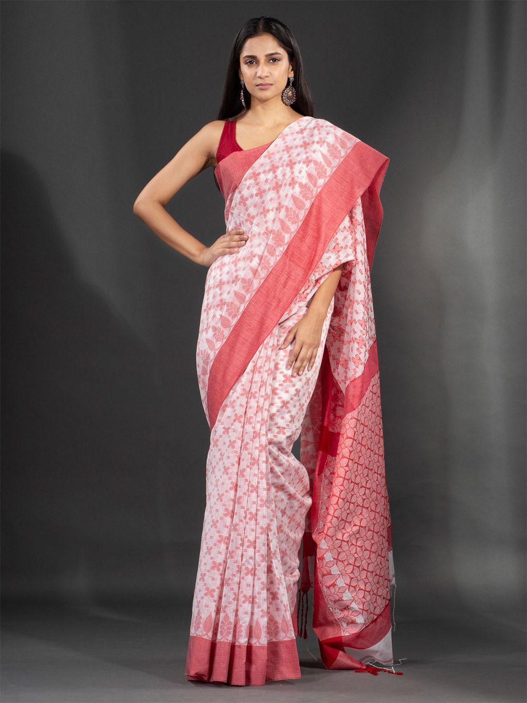 charukriti white & red ethnic motifs pure cotton saree