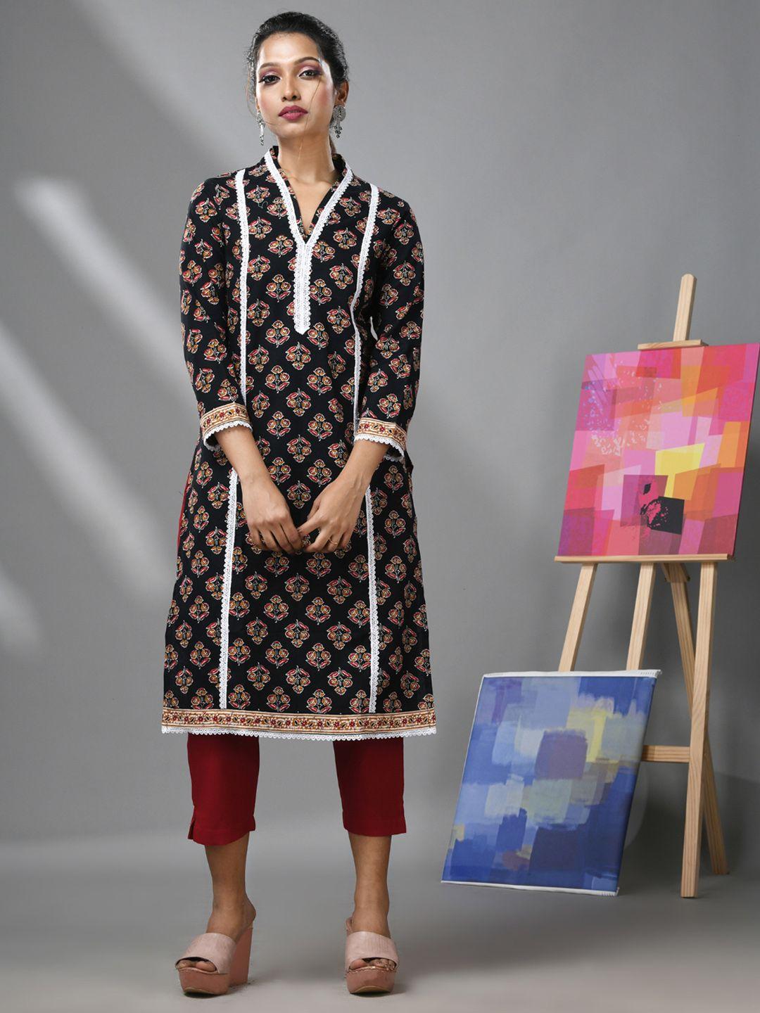 charukriti women black ethnic motifs printed regular pure cotton kurta with trousers