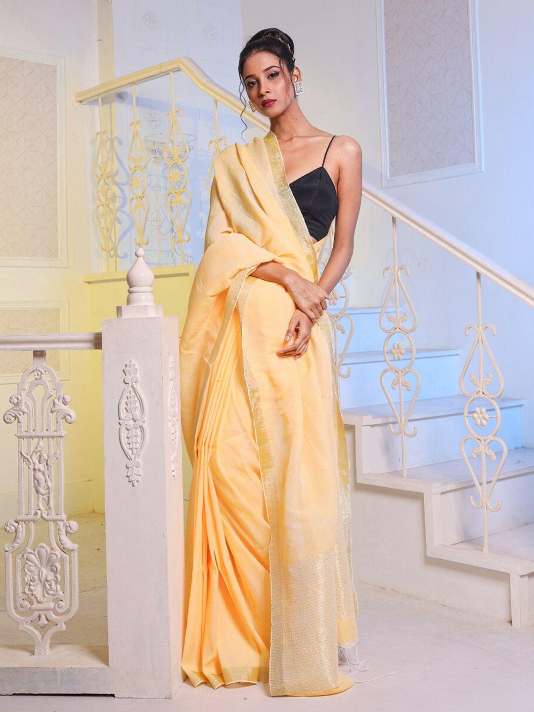 charukriti yellow & gold-toned zari pure linen saree
