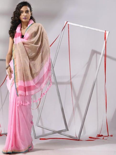 charukriti baby pink cotton striped saree with unstitched blouse