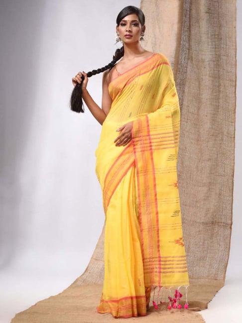 charukriti banana yellow cotton silk embellished saree with unstitched blouse