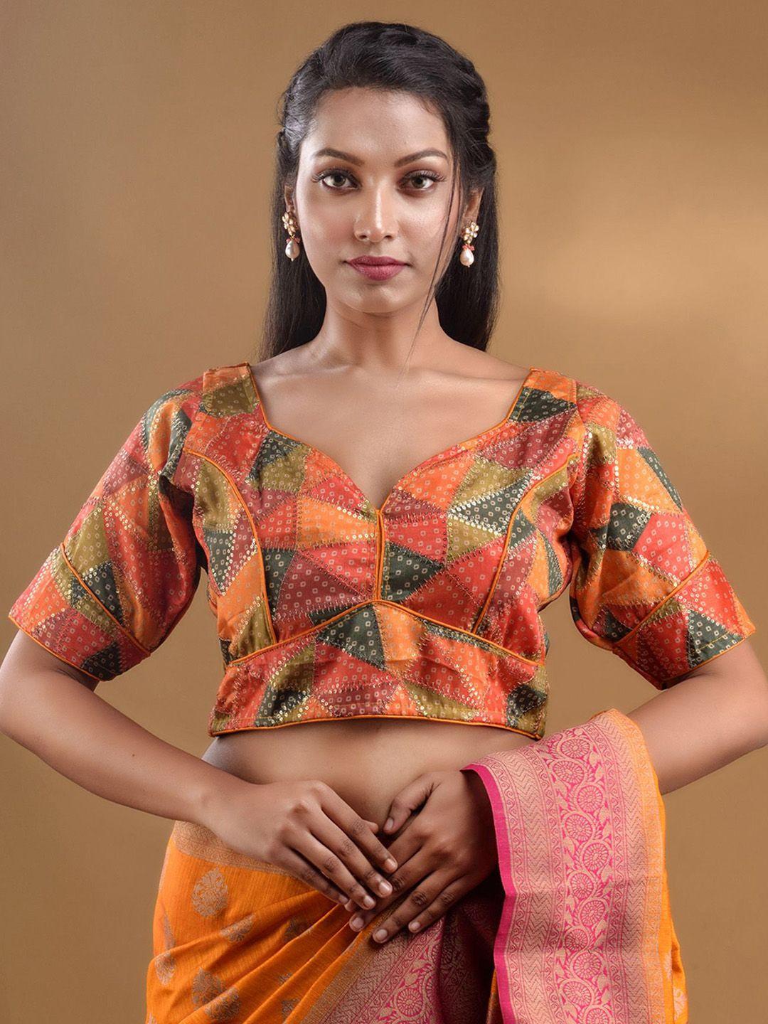 charukriti bandhani printed sequined sweetheart neck saree blouse