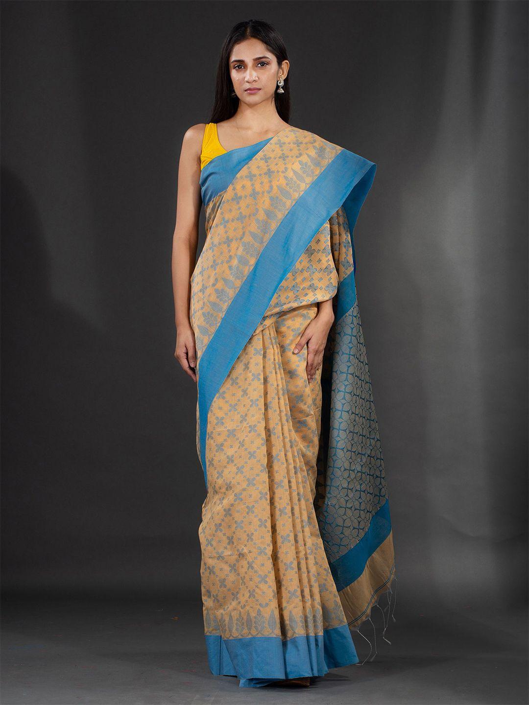 charukriti beige & blue woven design pure cotton saree