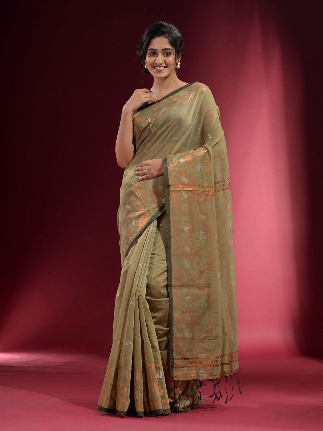 charukriti beige & copper-toned woven design zari saree