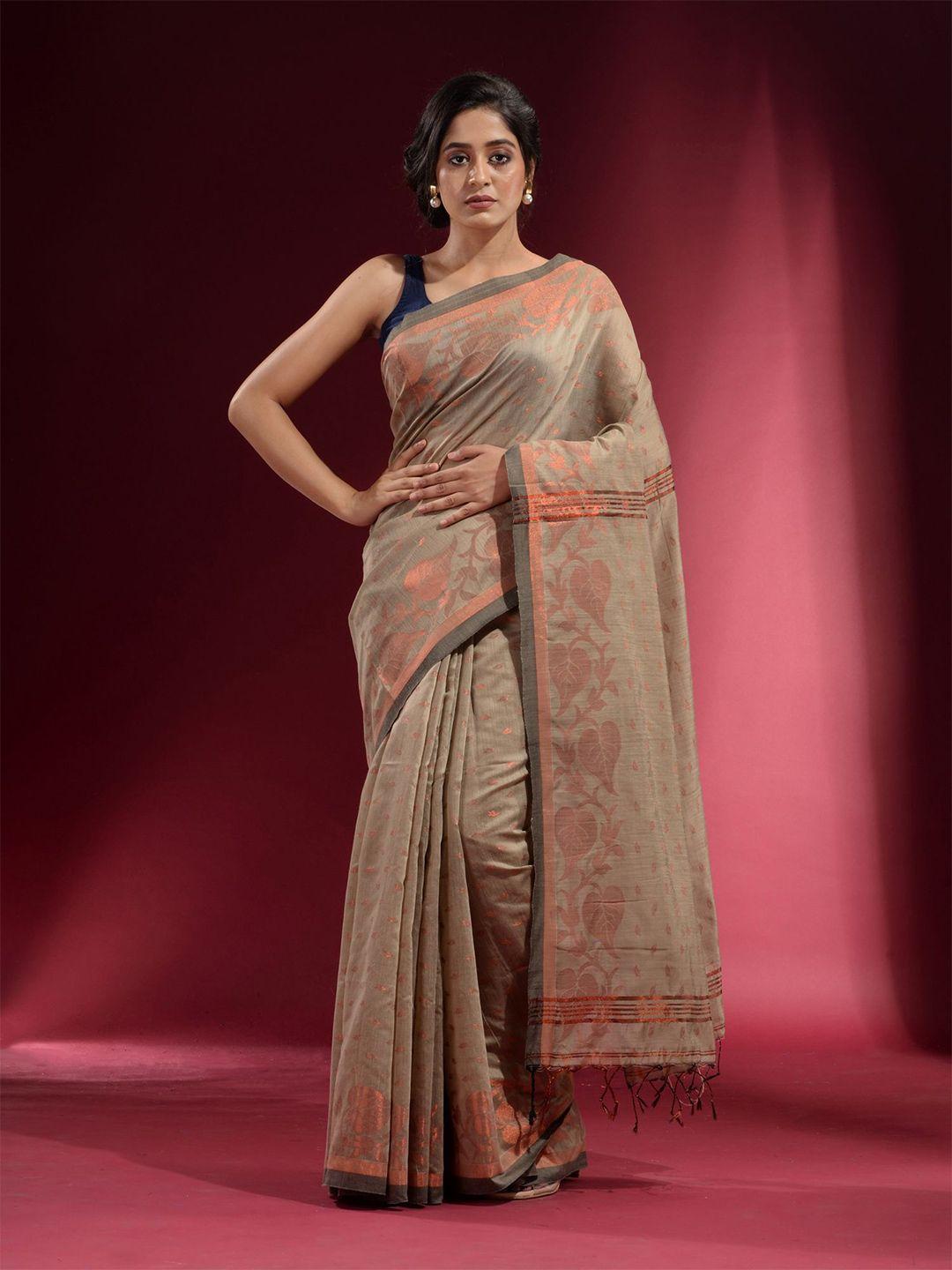 charukriti beige & copper-toned woven design zari saree