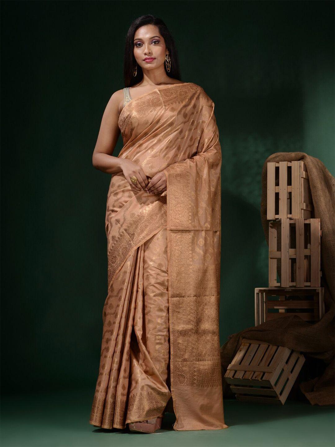 charukriti beige & gold-toned woven design zari silk blend saree