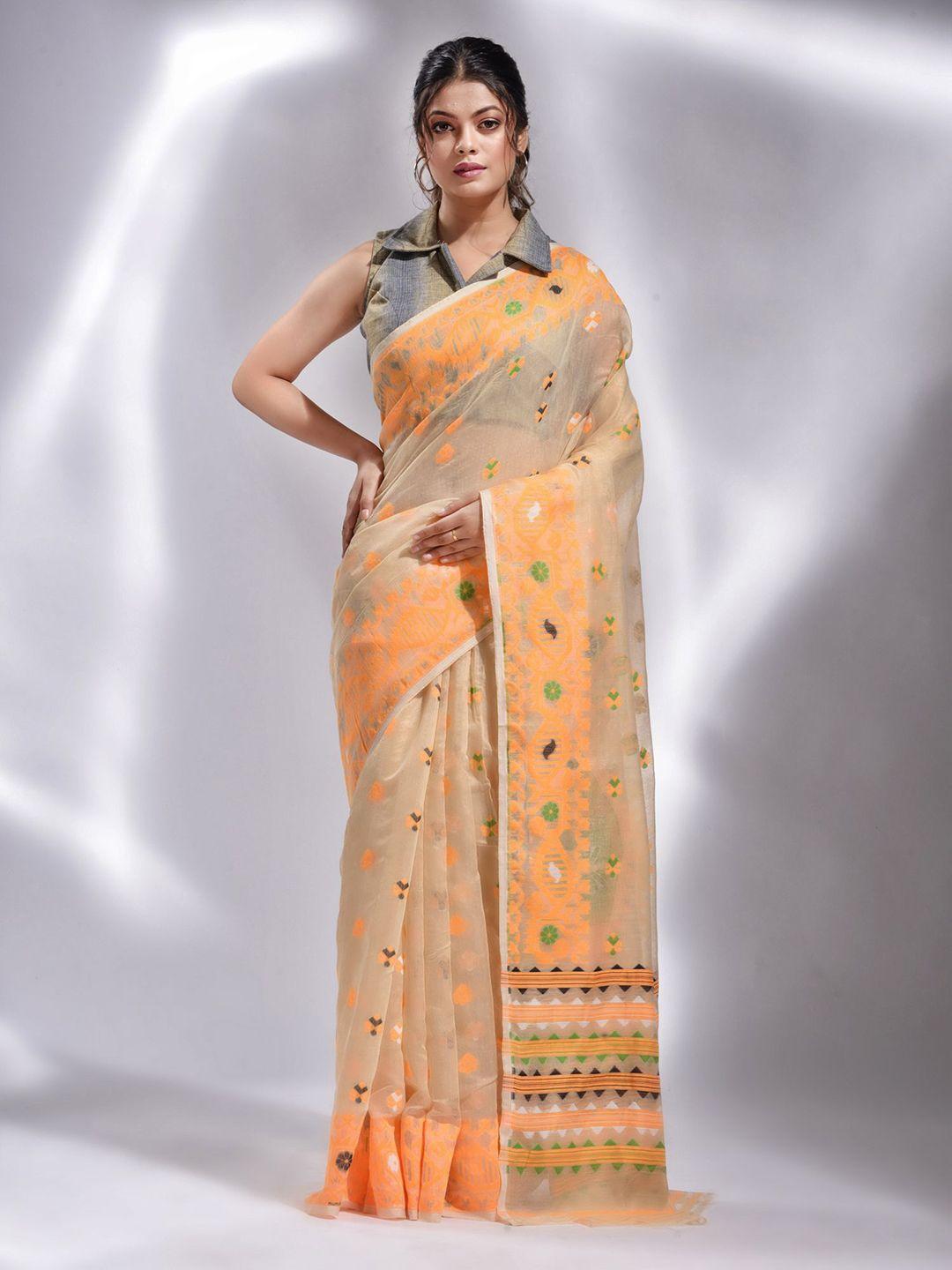 charukriti beige & green woven design silk cotton jamdani saree