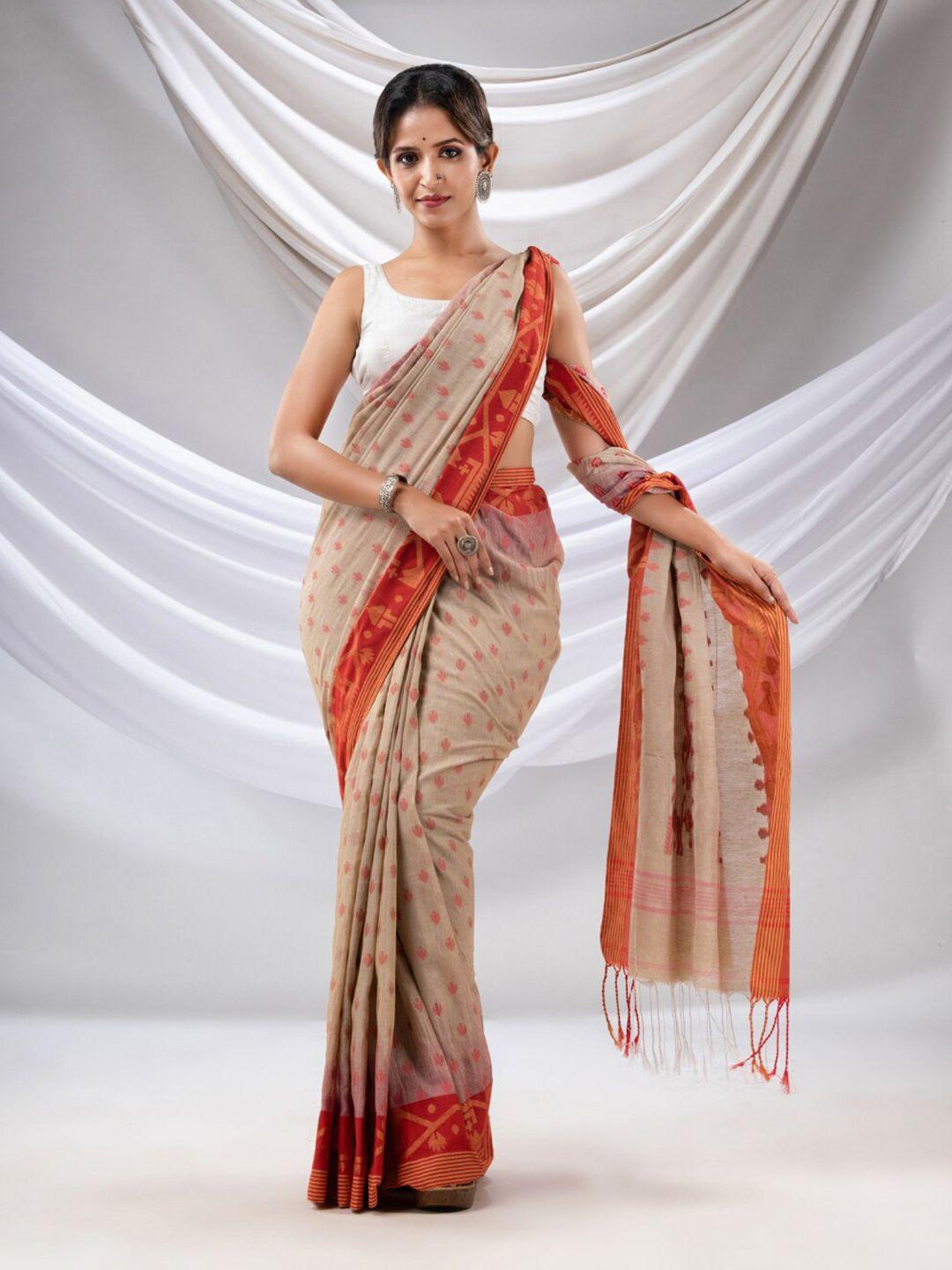 charukriti beige & orange ethnic motifs pure cotton saree