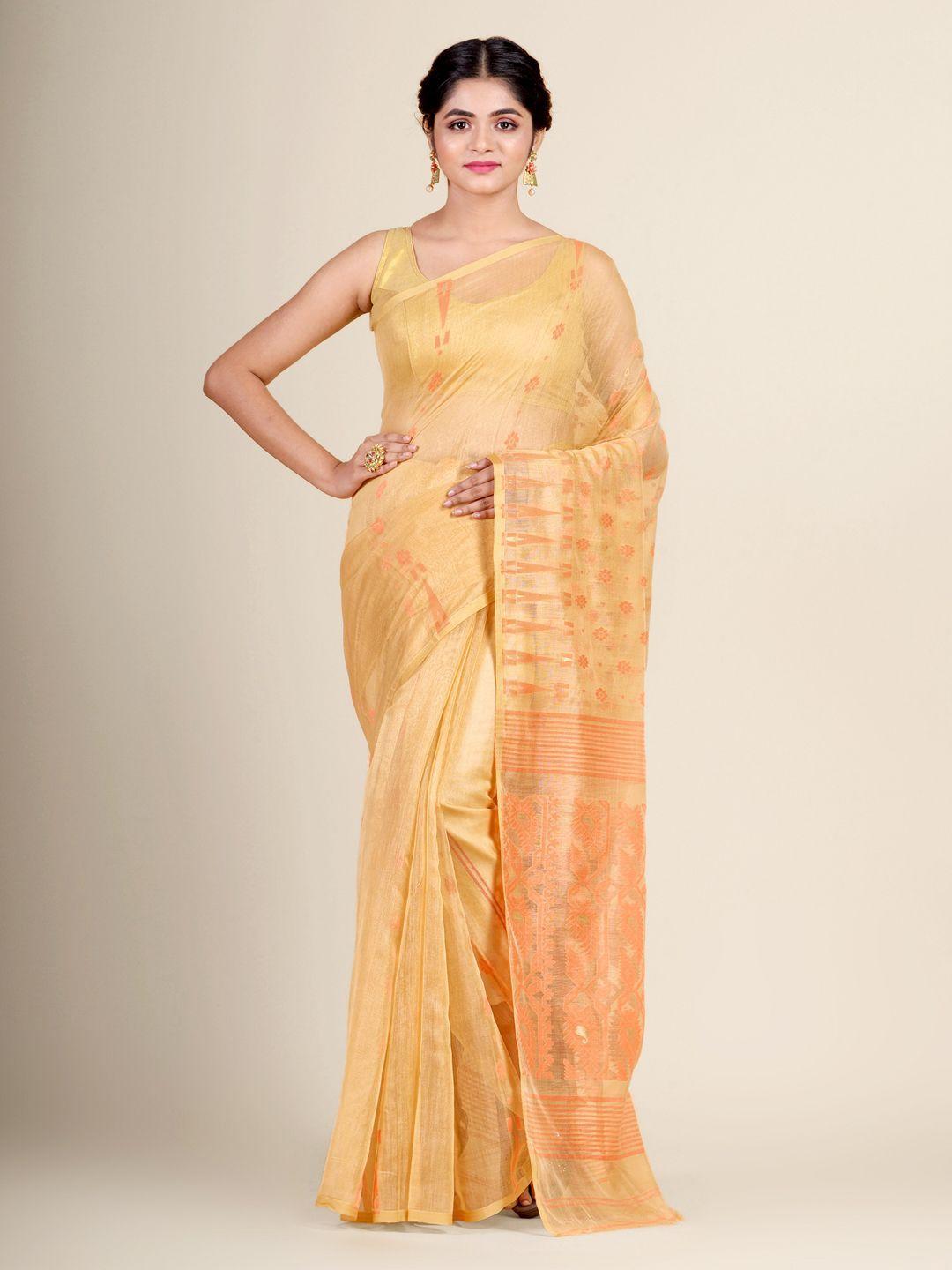 charukriti beige & orange woven design silk cotton jamdani saree