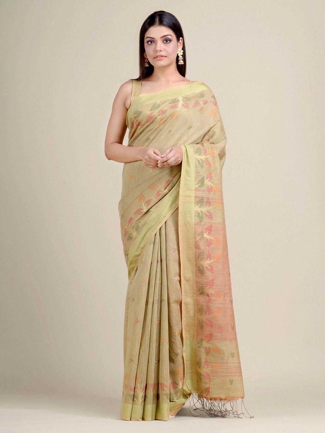 charukriti beige & pink ethnic motifs zari handloom cotton blend saree