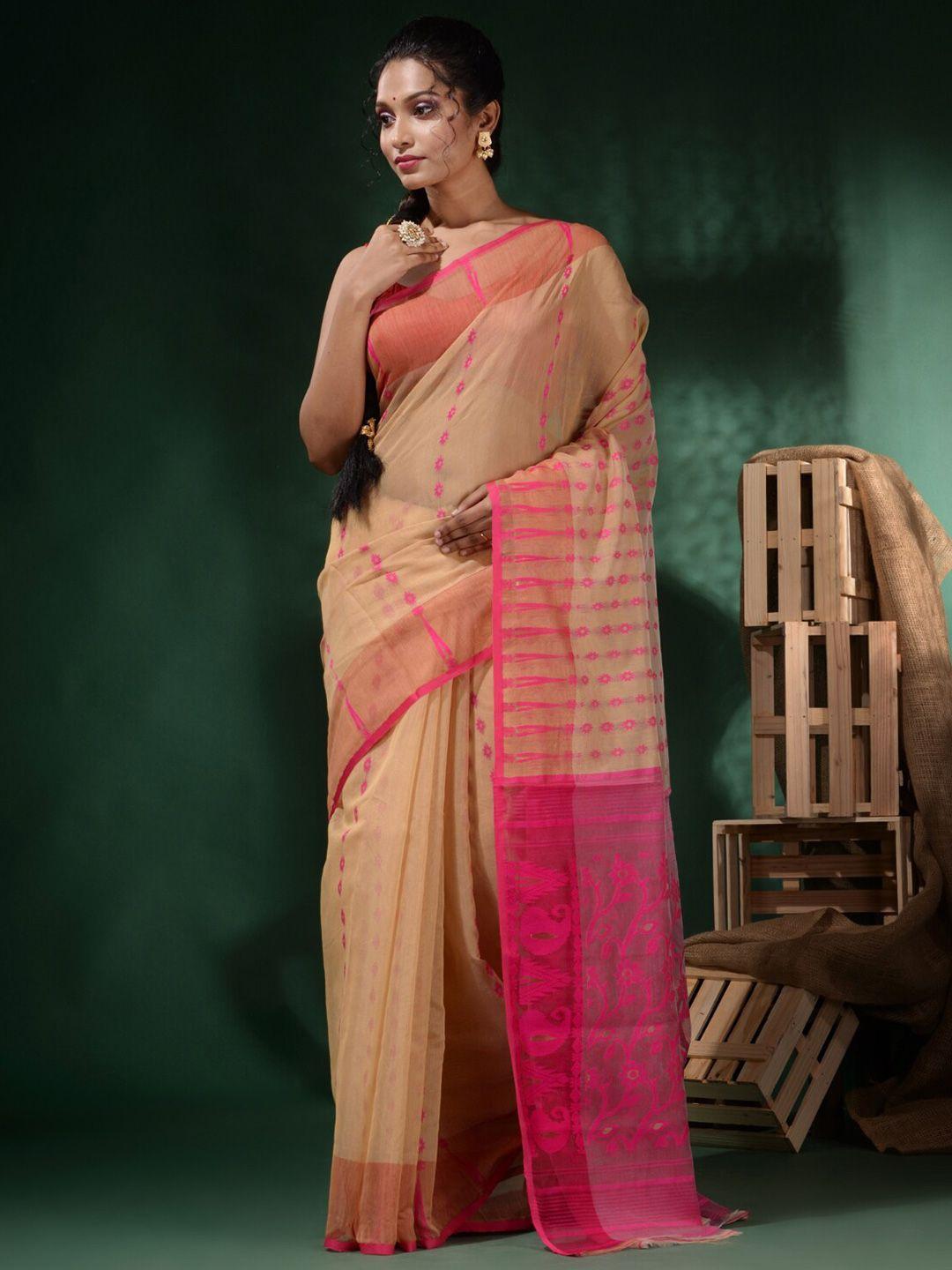 charukriti beige & pink woven design pure cotton jamdani saree