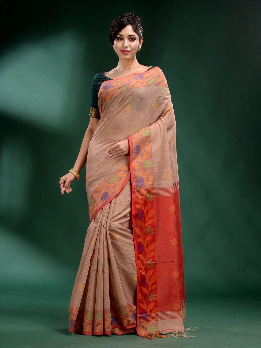 charukriti beige and red woven design zari tissue saree