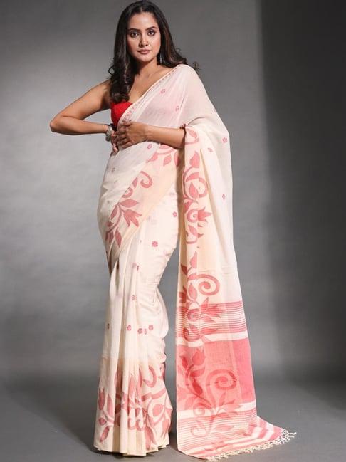 charukriti beige cotton floral print saree with unstitched blouse