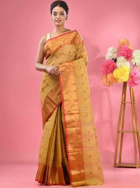 charukriti beige cotton woven saree without unstitched blouse