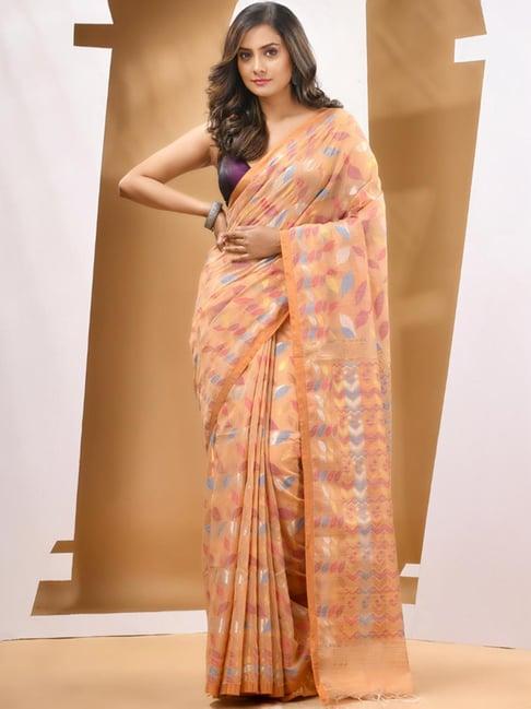 charukriti beige floral print saree with unstitched blouse