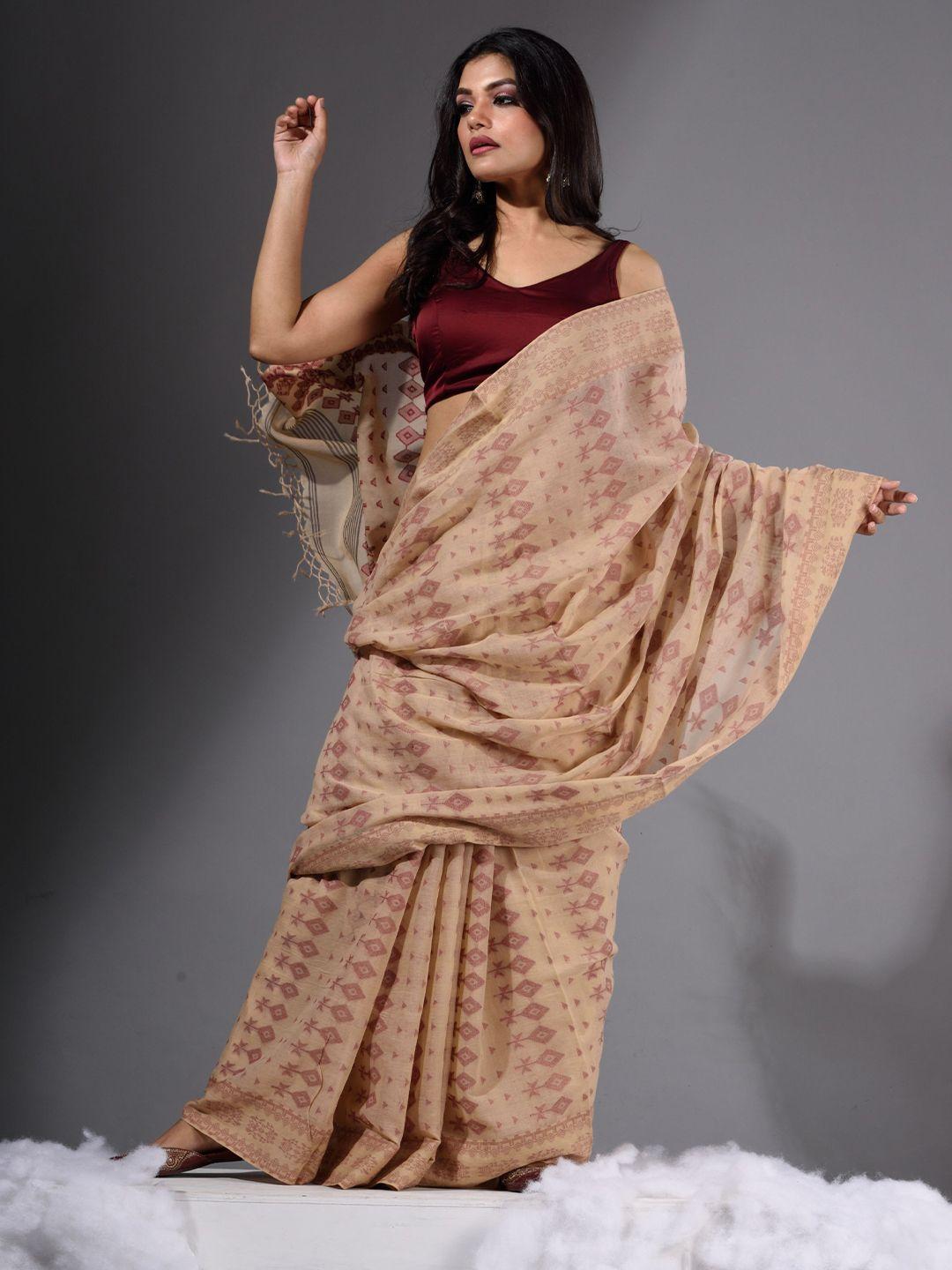 charukriti beige woven design pure cotton khadi handwoven saree