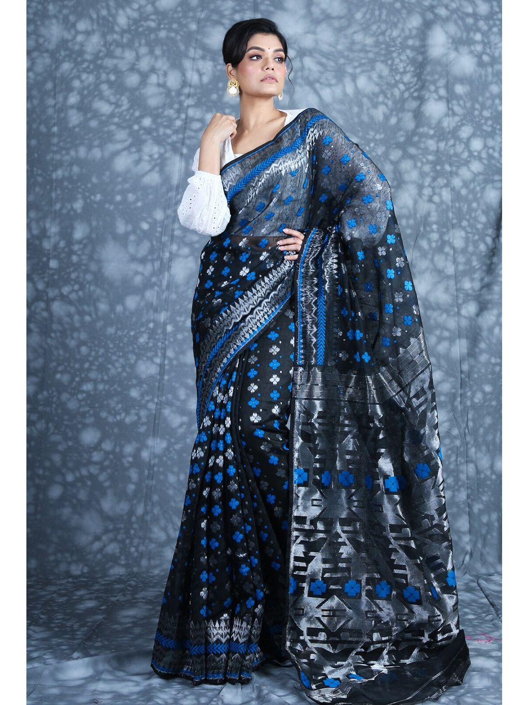 charukriti black & blue ethnic motifs zari silk cotton jamdani saree