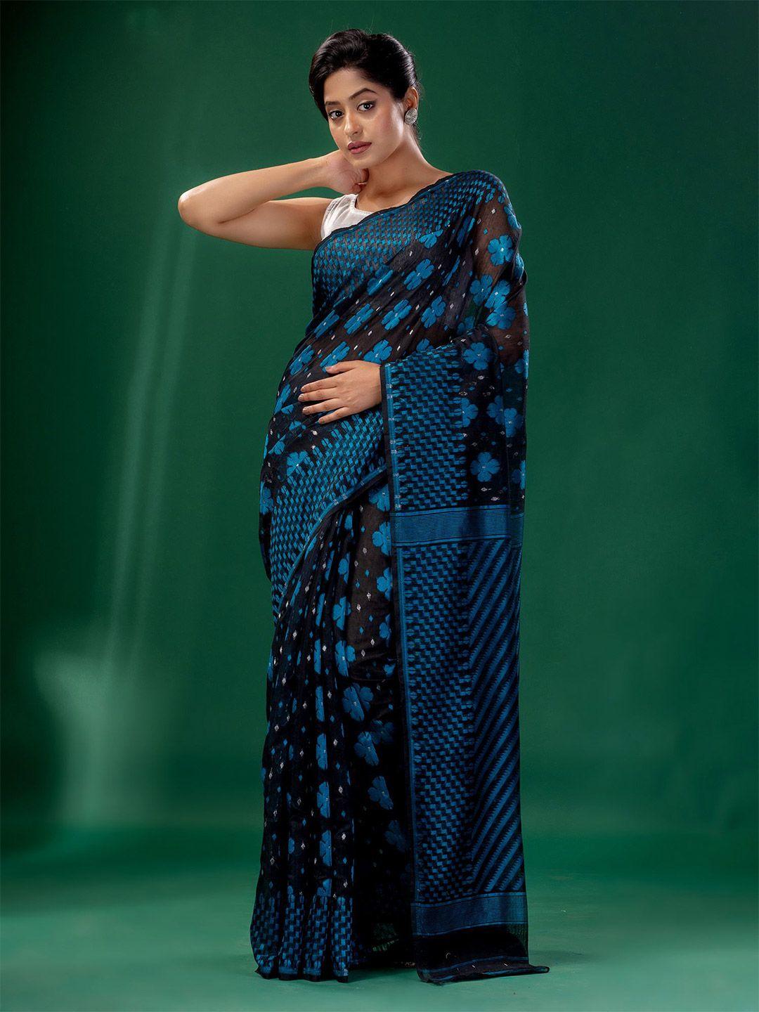 charukriti black & blue woven design zari silk cotton jamdani saree