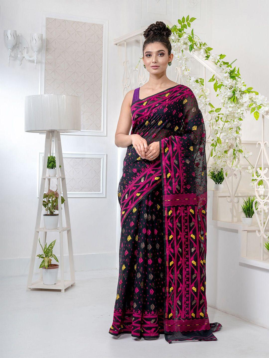 charukriti black & fuchsia woven design silk cotton jamdani saree