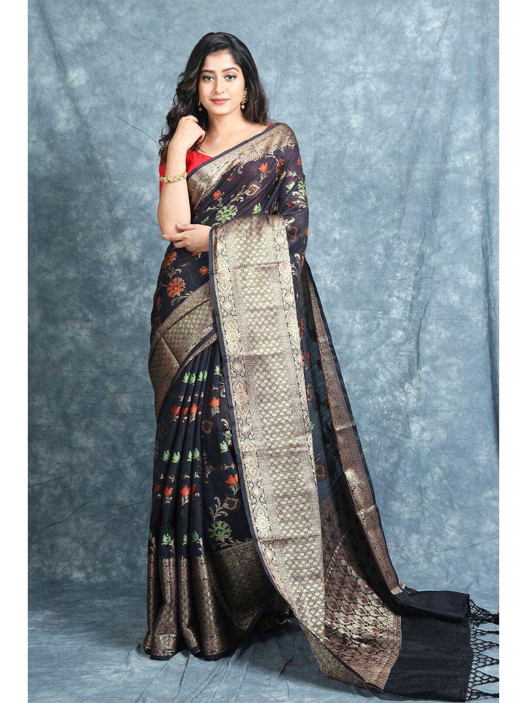 charukriti black & gold-toned floral woven design zari pure silk saree