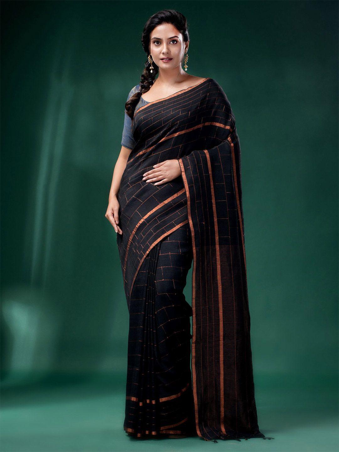 charukriti black & gold-toned woven design zari pure linen saree