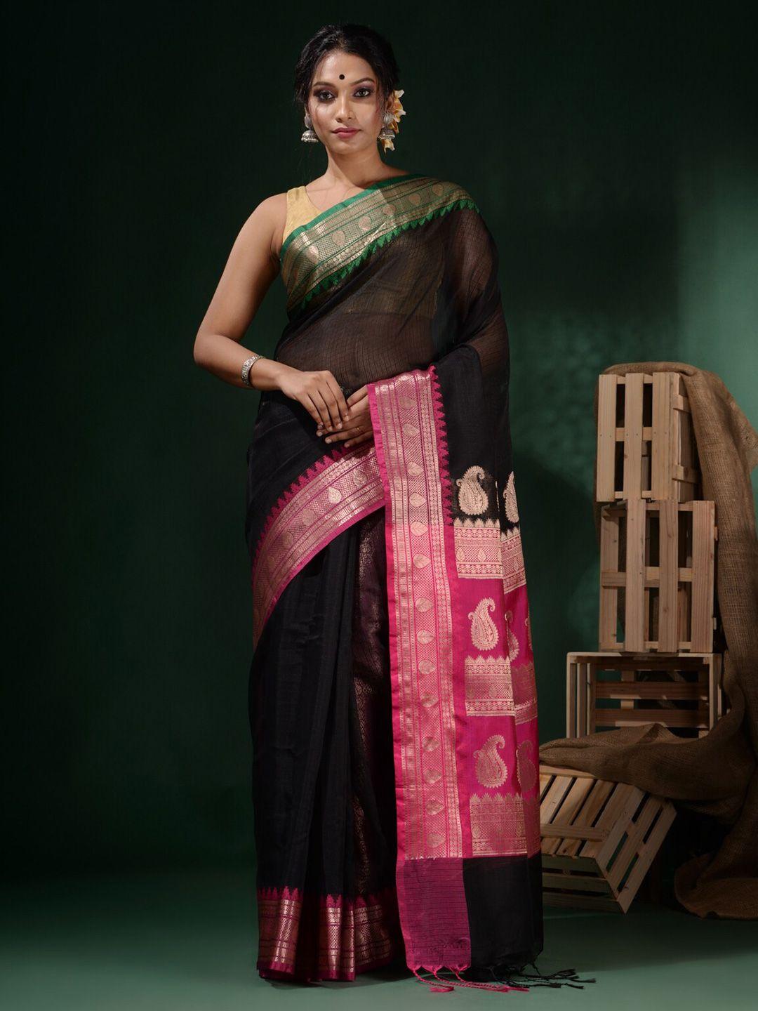 charukriti black & magenta paisley zari silk blend kota saree