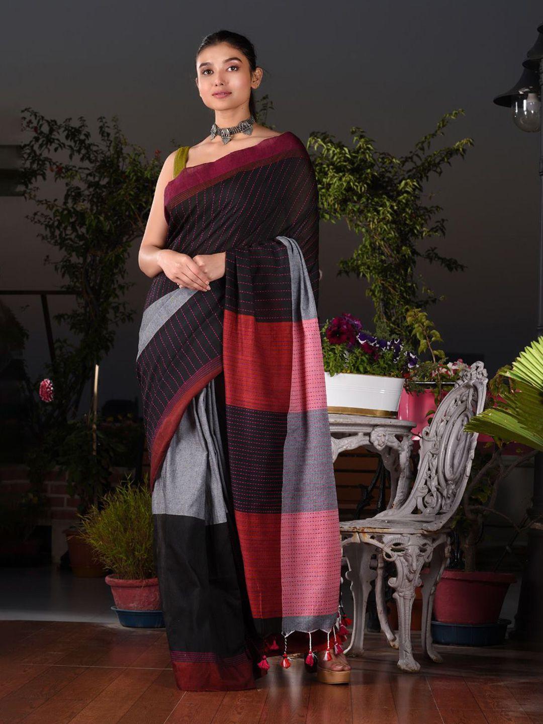 charukriti black & maroon colourblocked pure cotton saree