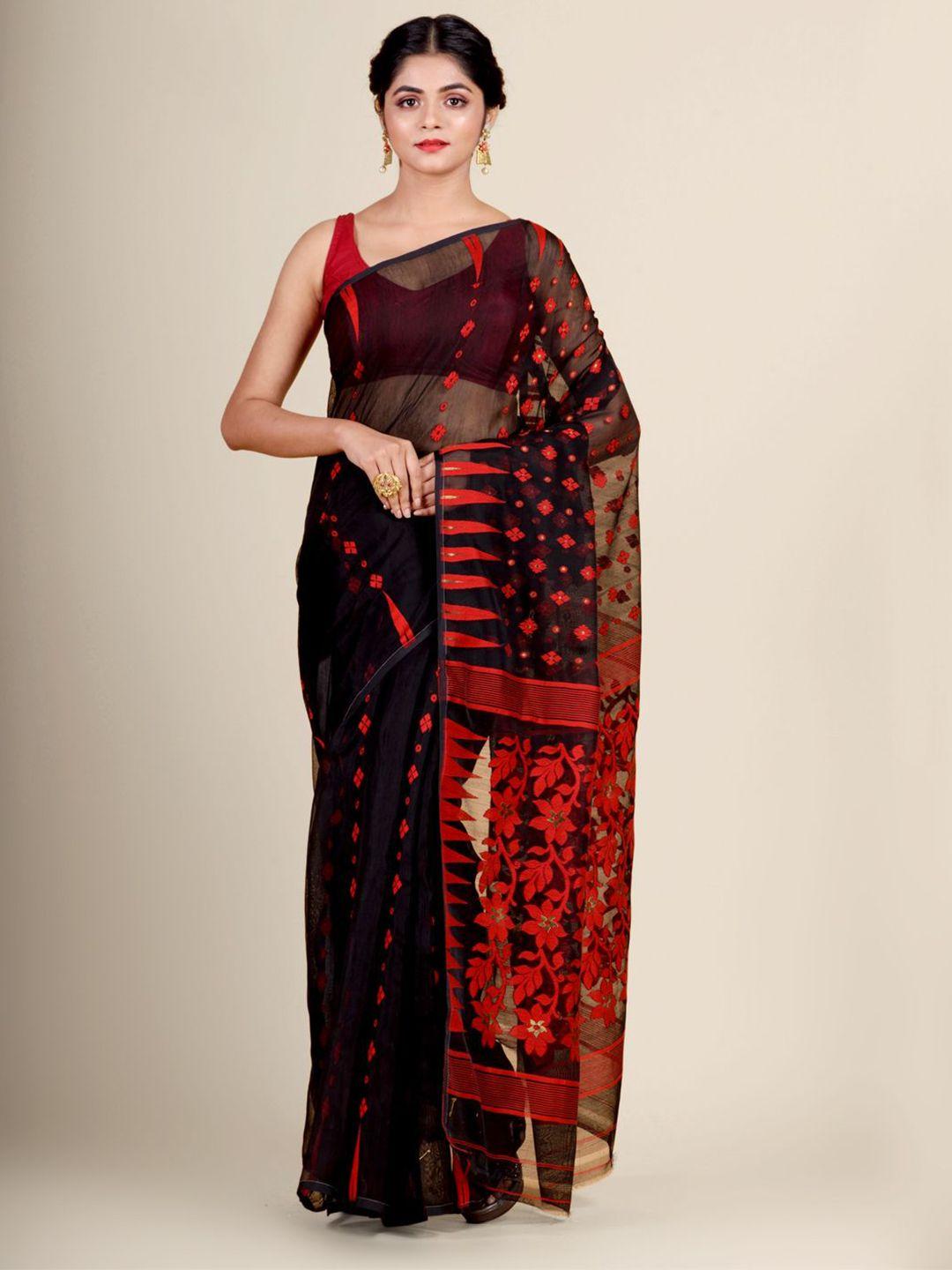 charukriti black & red floral woven design jamdani saree