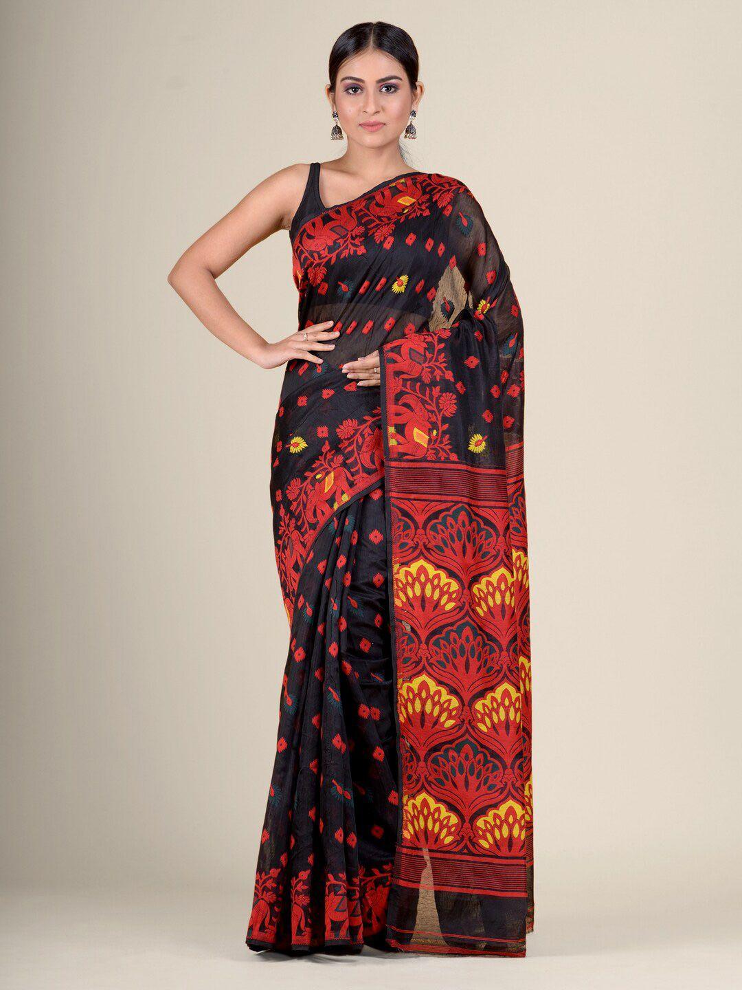 charukriti black & red woven design jamdani saree