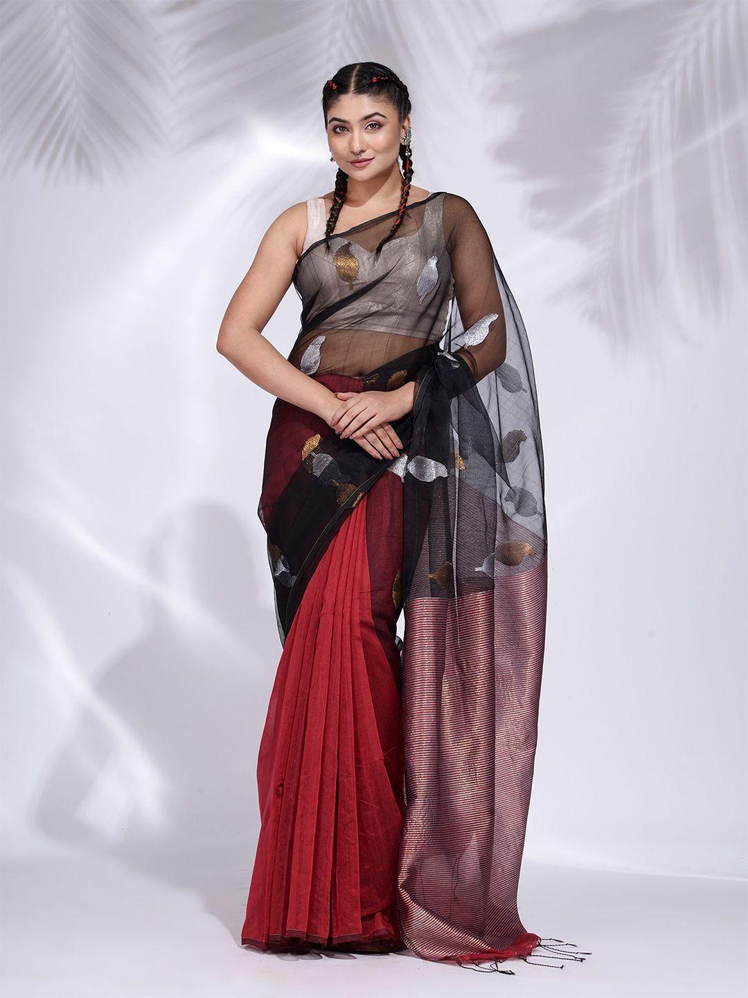 charukriti black & red woven design zari saree