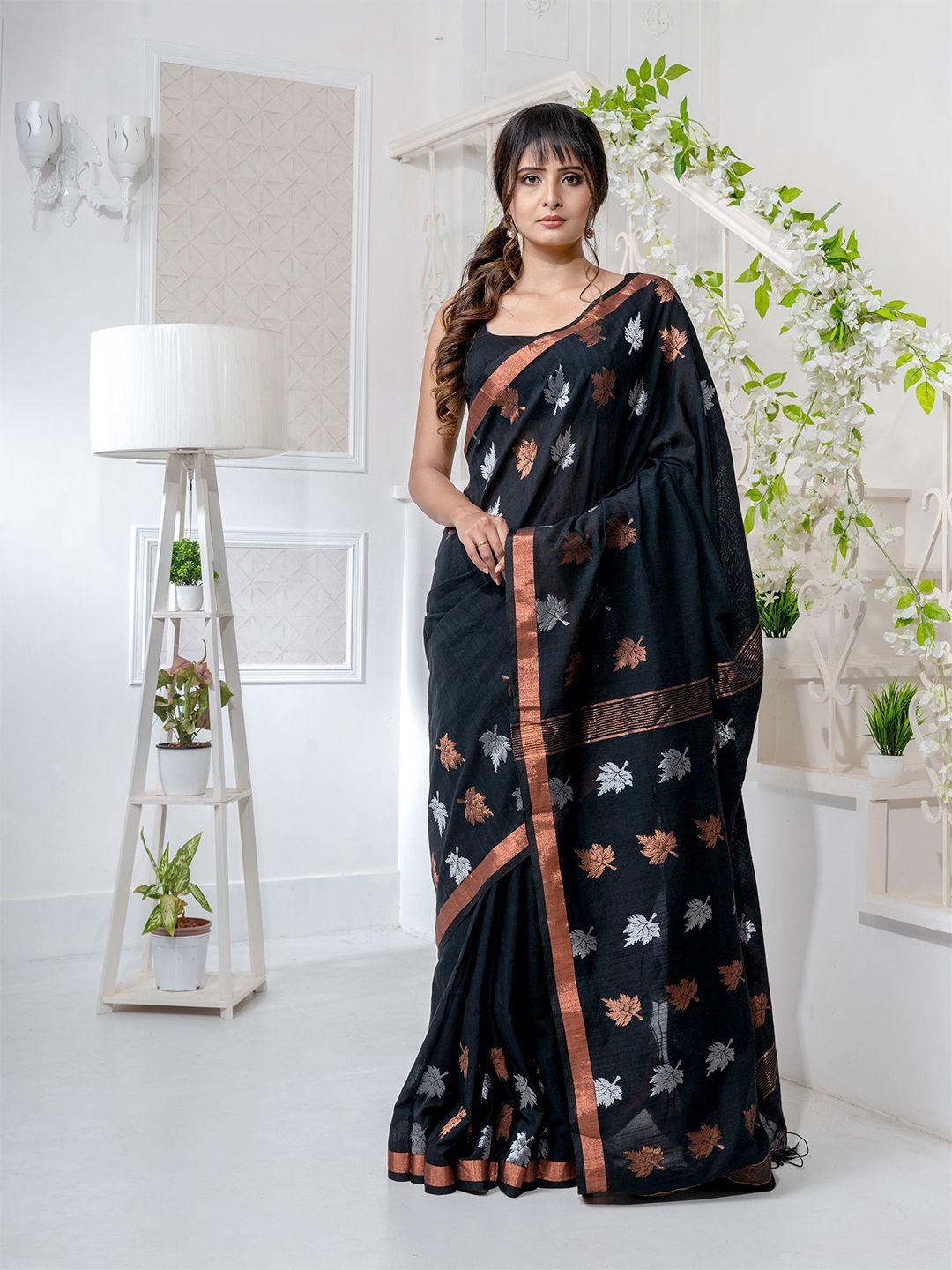 charukriti black & silver-toned ethnic motifs zari pure linen saree