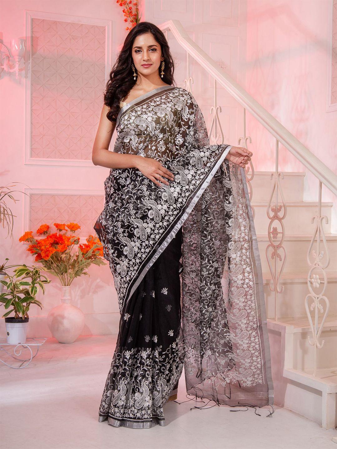 charukriti black & white floral embroidered pure silk saree