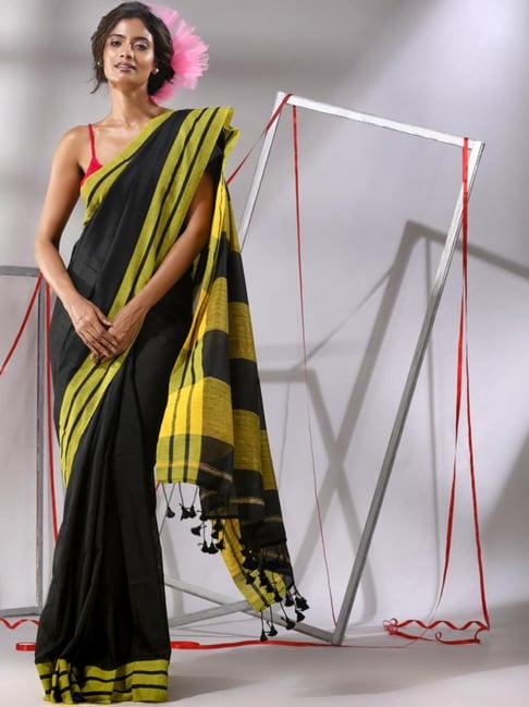 charukriti black & yellow cotton striped saree with unstitched blouse