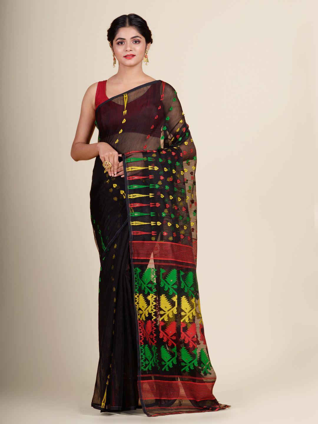 charukriti black & yellow ethnic motifs silk cotton handwoven jamdani saree