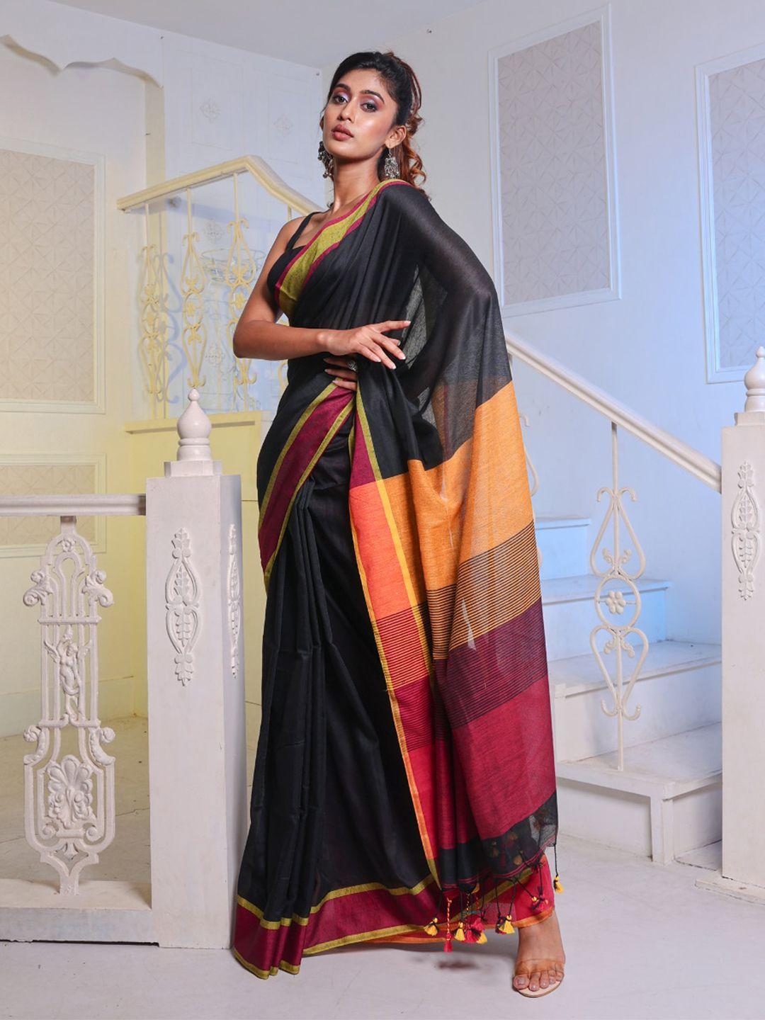 charukriti black & yellow pure cotton saree