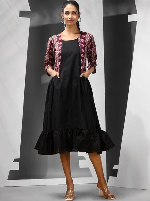 charukriti black cotton printed a-line dress with jacket