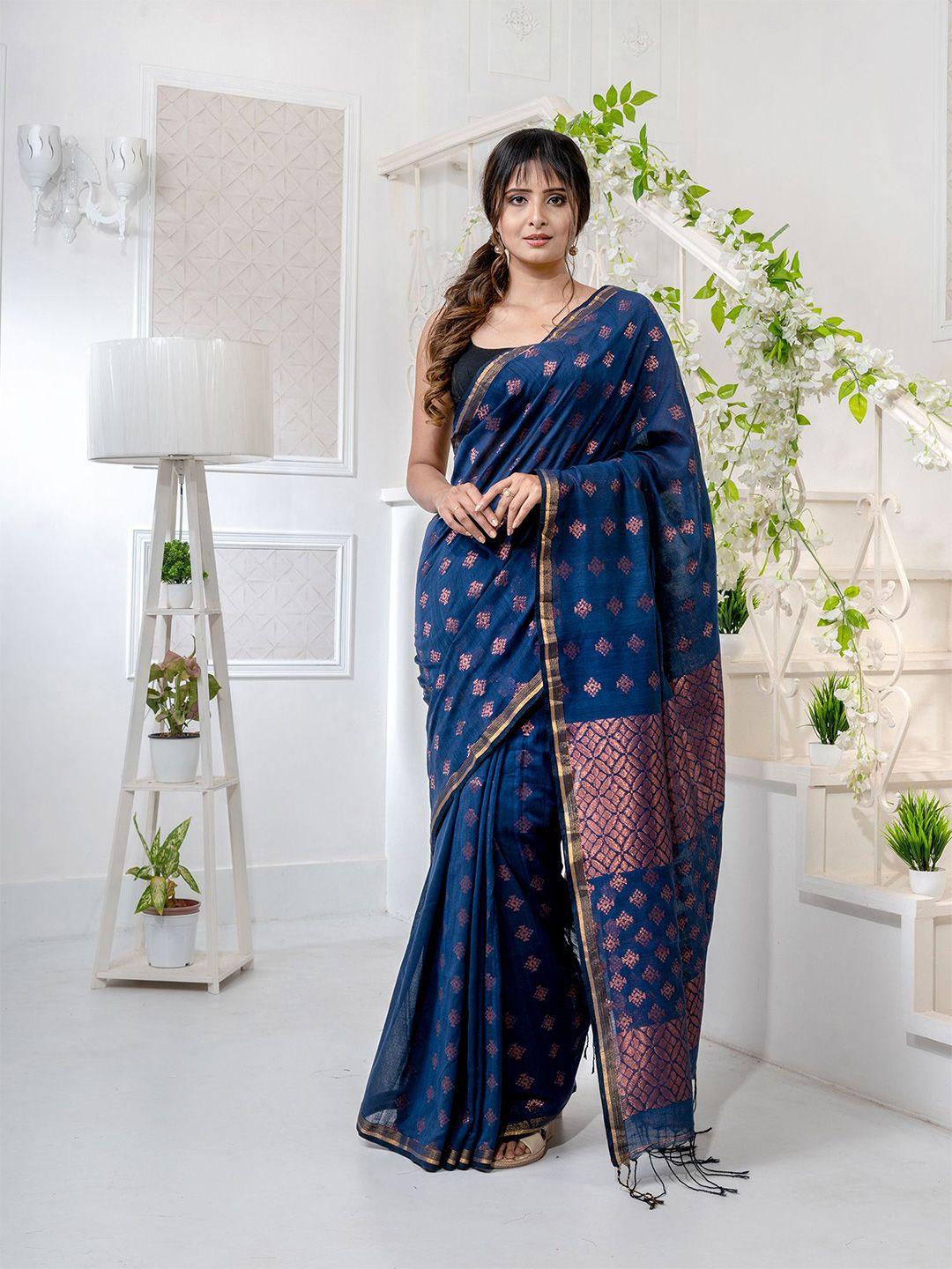 charukriti blue & brown floral embroidered pure linen saree