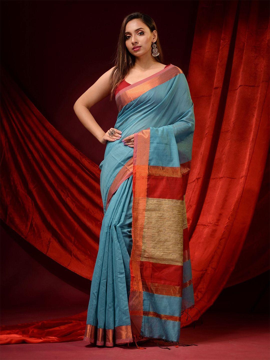 charukriti blue & brown zari silk cotton saree