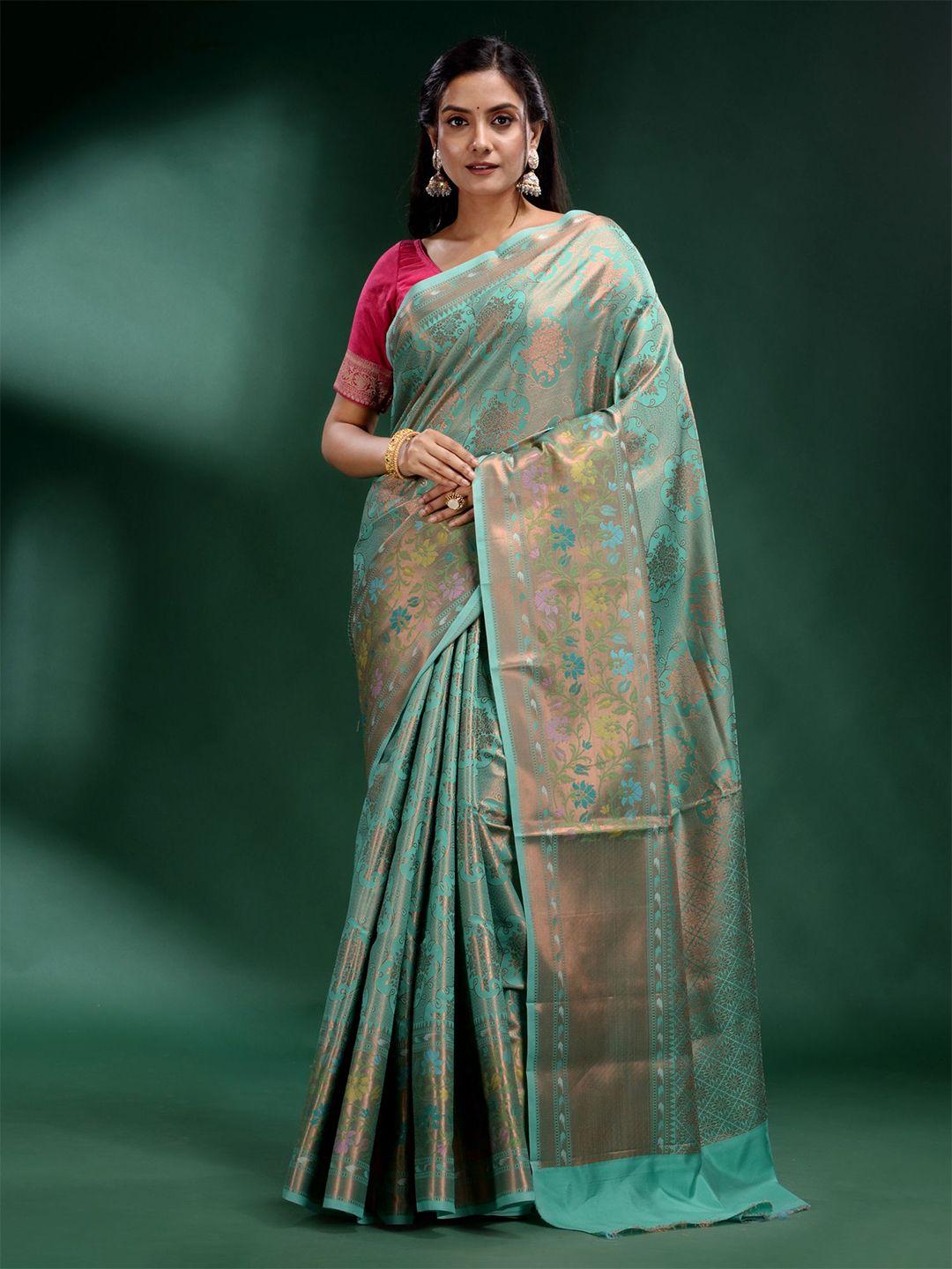 charukriti blue & copper-toned woven design zari pure silk saree