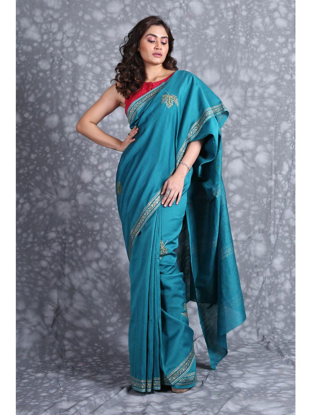 charukriti blue & gold-toned ethnic motifs zari pure silk saree