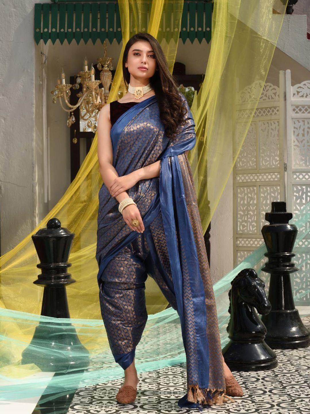 charukriti blue & gold-toned ethnic motifs zari silk blend fusion saree