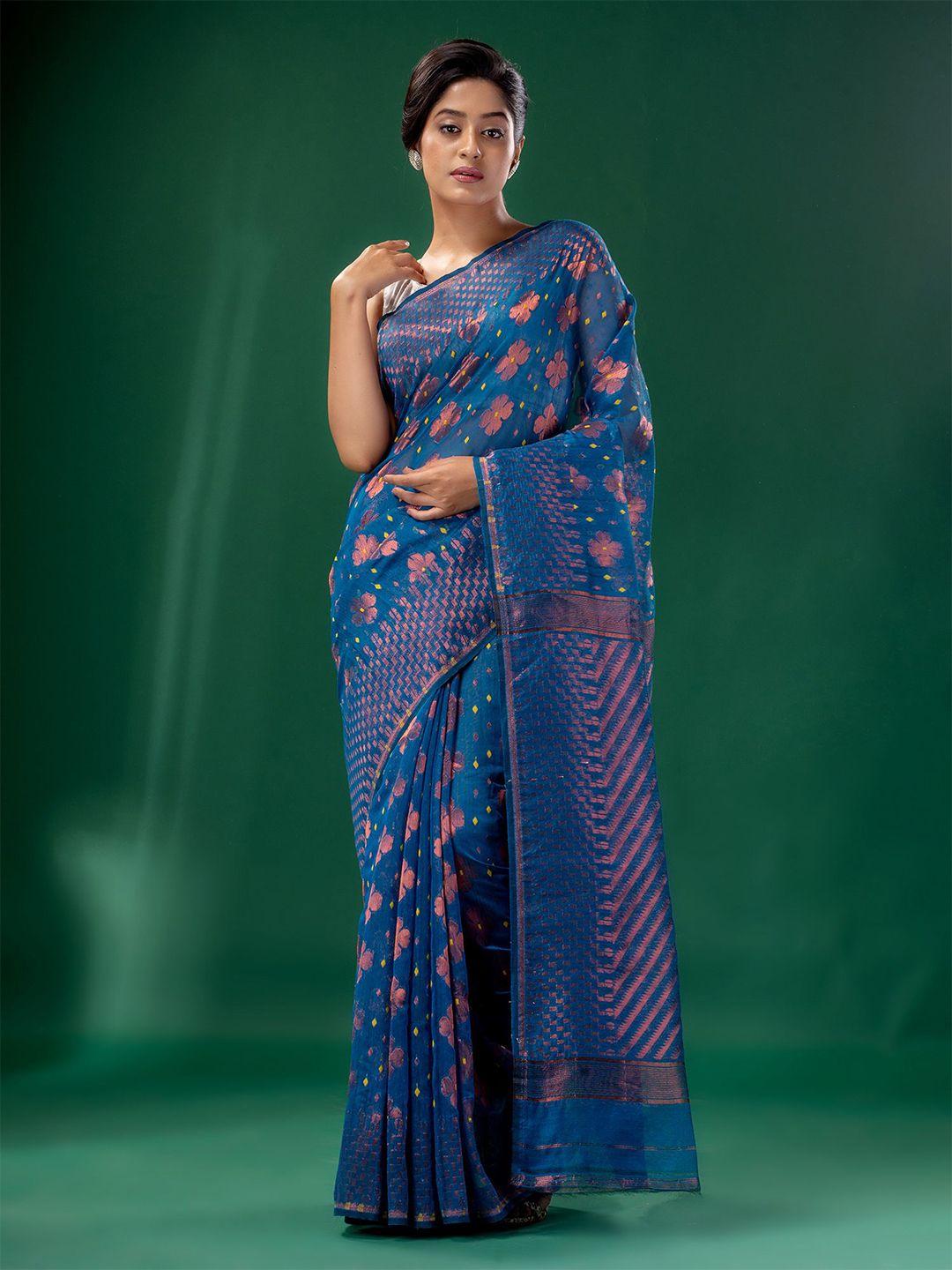 charukriti blue & gold-toned woven design silk cotton jamdani saree