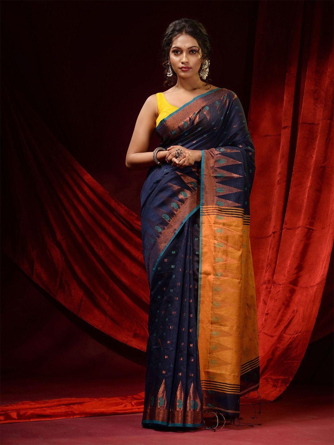 charukriti blue & gold-toned woven design zari saree