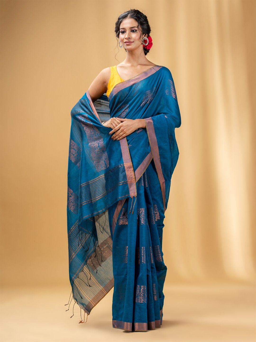 charukriti blue & gold-toned woven design zari saree