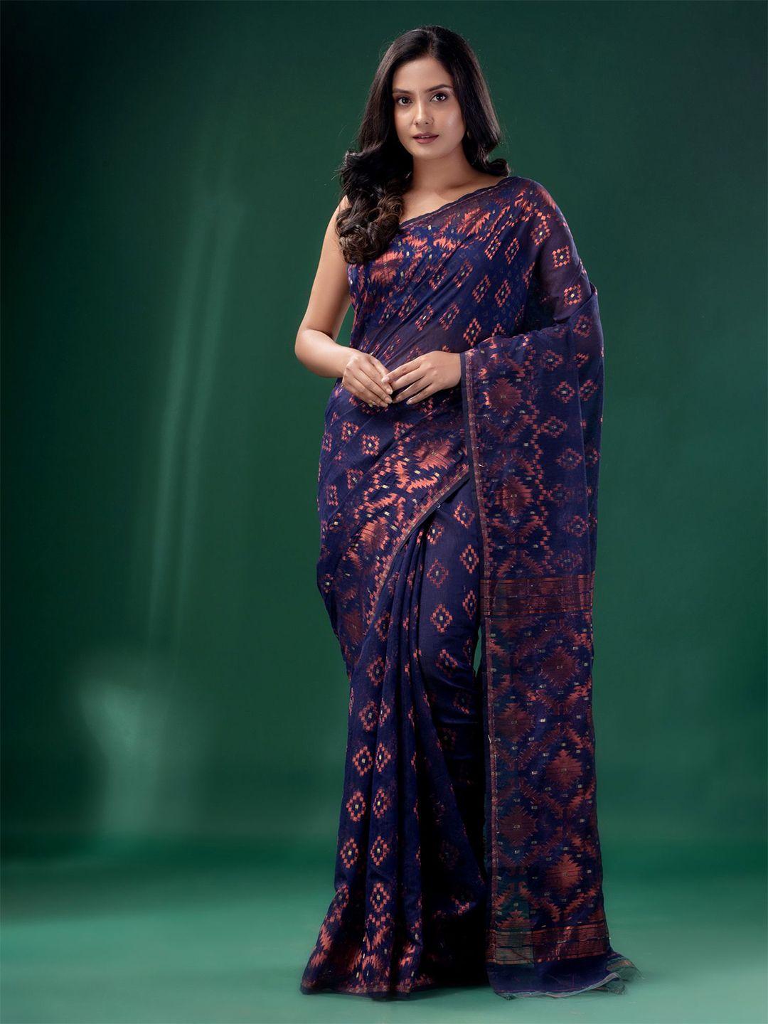 charukriti blue & gold-toned woven design zari silk cotton jamdani saree