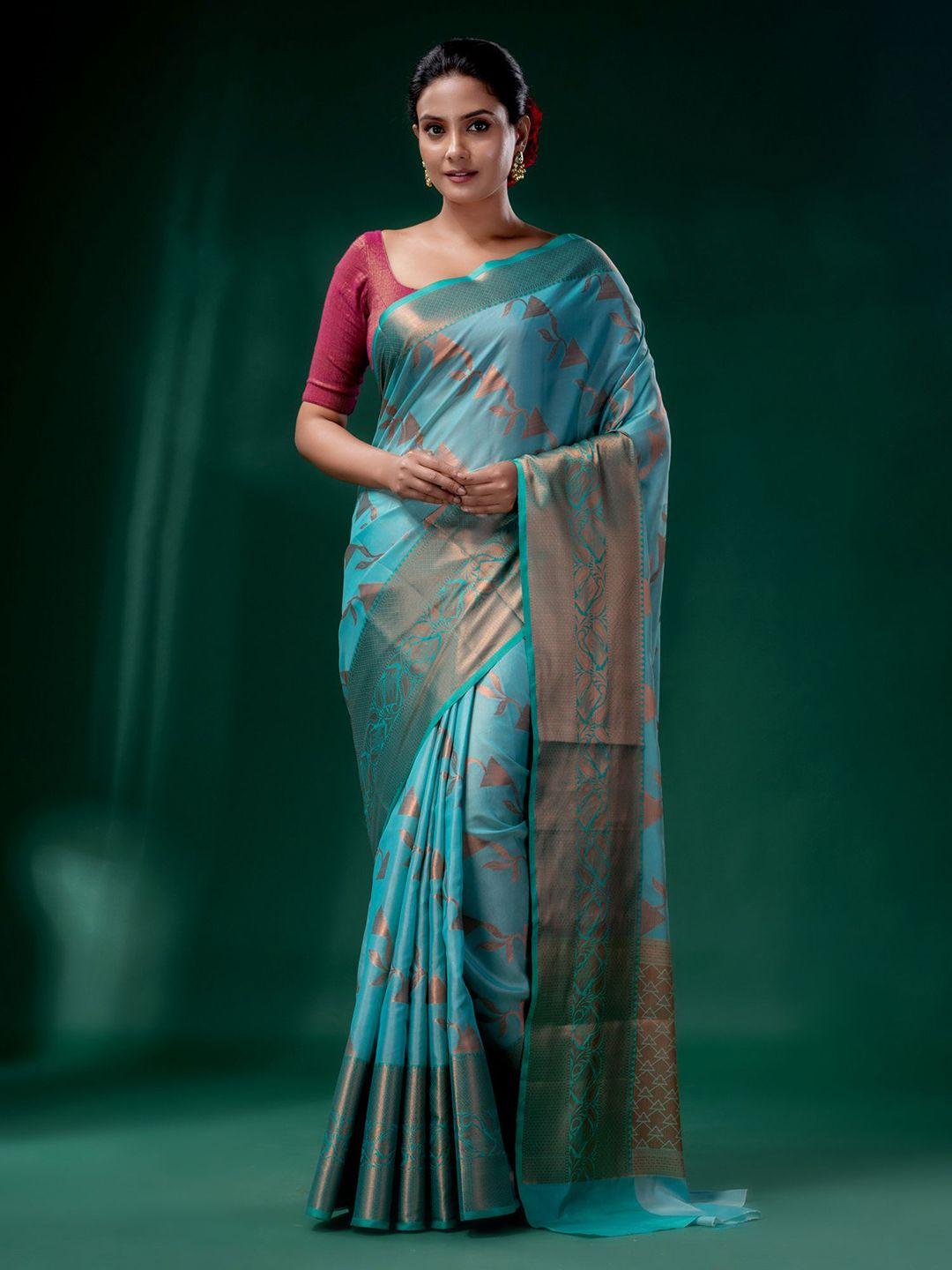 charukriti blue & gold-toned woven design zari silk cotton saree